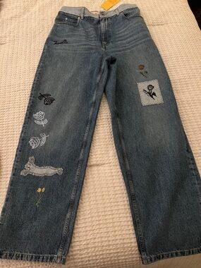 Marni Mid-Blue Wide-Leg Embroidered Jeans with Floral Motifs